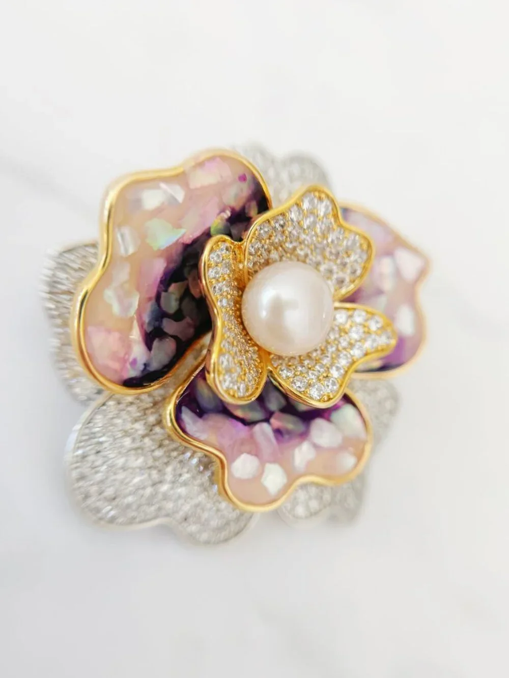 Pink & Purple Rhinestone Flower Brooch Pin with Pearl-Style Center, Silver Tone